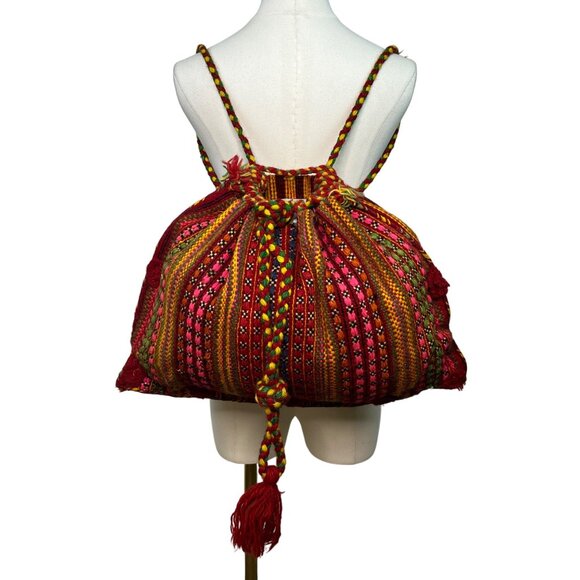 Handmade Knitted Backpack Multicolor Striped With Geometric Pattern Drawstrings - Picture 7 of 9